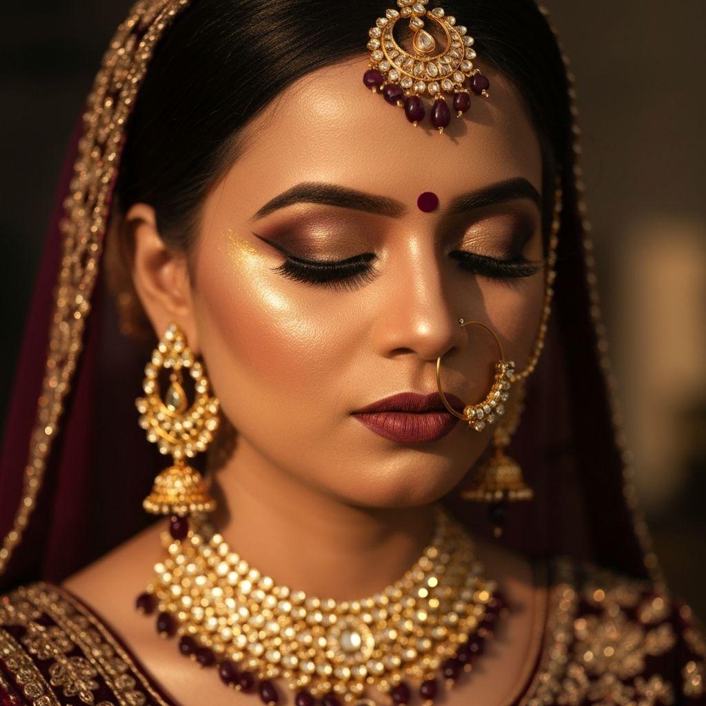 Indian bride with dramatic golden-hour makeup
