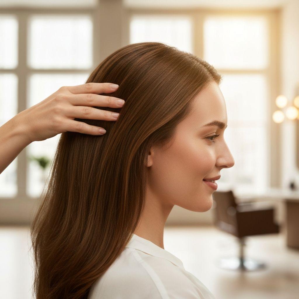 Woman with luxuriously shiny hair in a premium salon