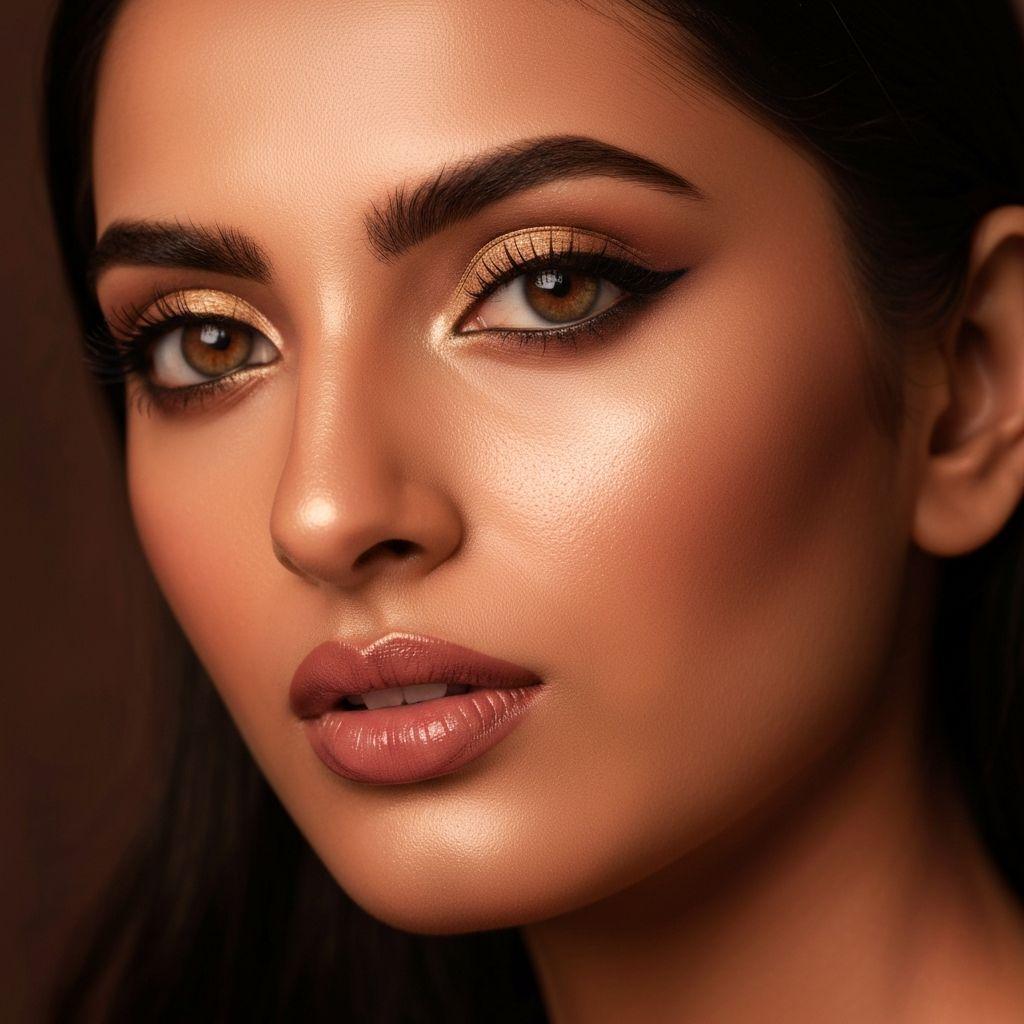 Closeup of a woman with flawless HD makeup and defined eyes