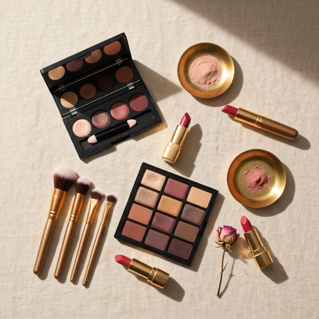 Flat lay of professional makeup palettes, brushes, and tools