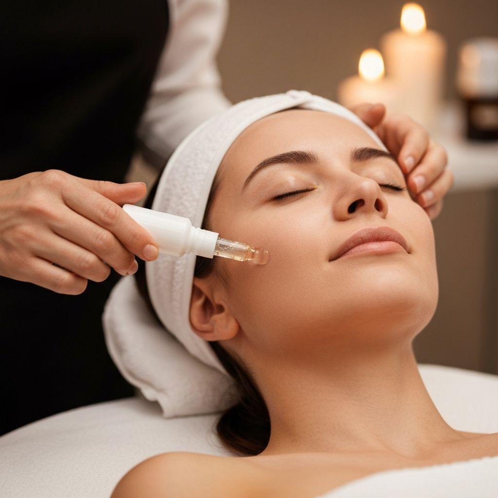 Woman receiving a luxurious facial treatment in soft lighting